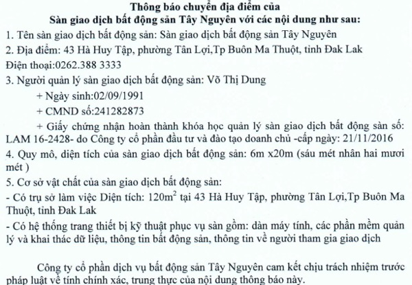 Xác nhận hoạt động của Sàn giao dịch bất động sản Tây Nguyên